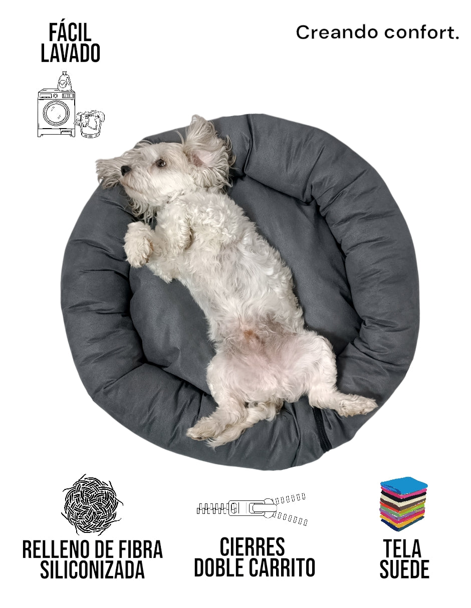 Cama para perro circular aterciopelado, fresca y acogedora.