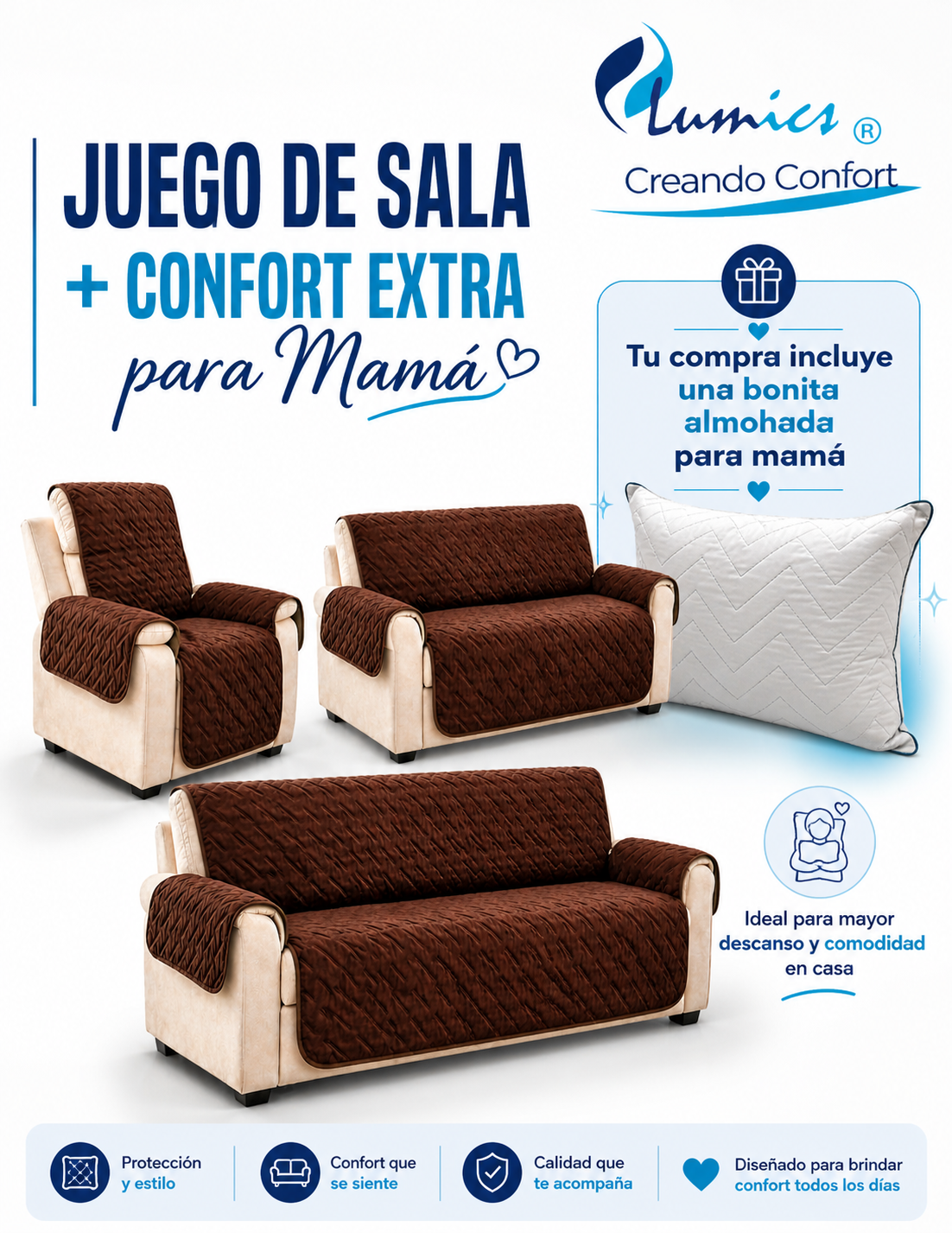 Cubre Sala, Juego De 3 Piezas, Incluye Cómoda Almohada.