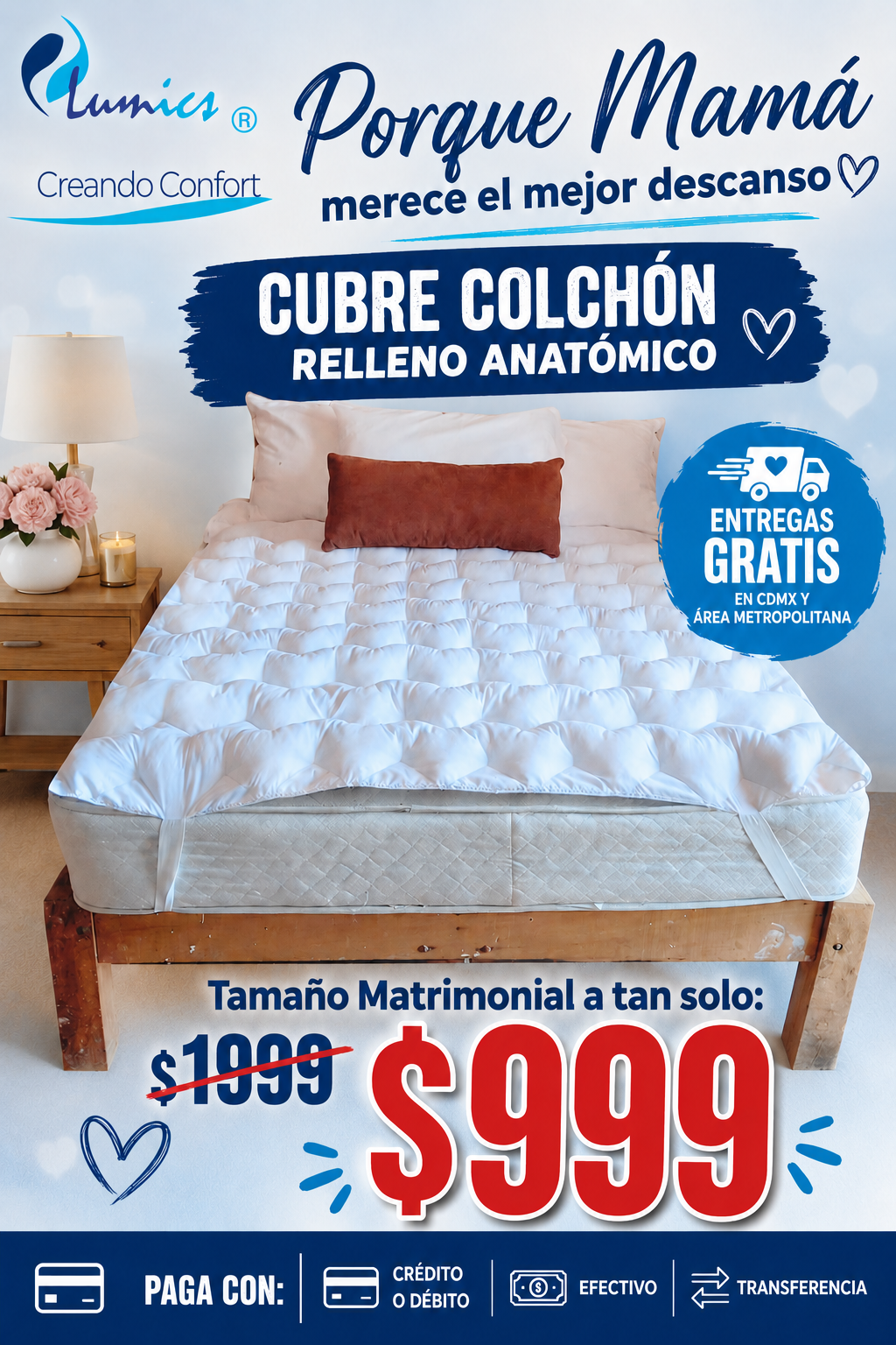 Cubre colchón relleno anatómico, suave y confortable, Lunics.