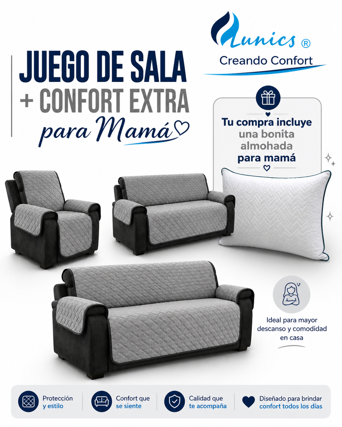 Cubre Sala, Juego De 3 Piezas, Incluye Cómoda Almohada.